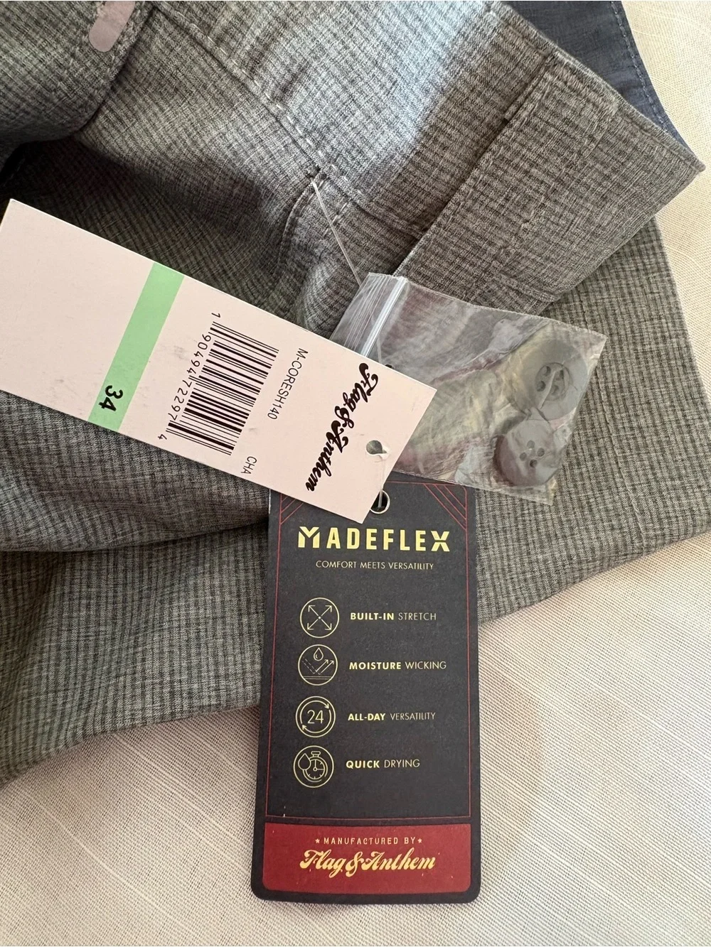 NWT Flag & Anthem Men's Gray MadeFlex Performance Shorts size 34